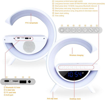 Altavoz Bluetooth G - Cargador inalámbrico + Lámpara LED + Reloj despertador